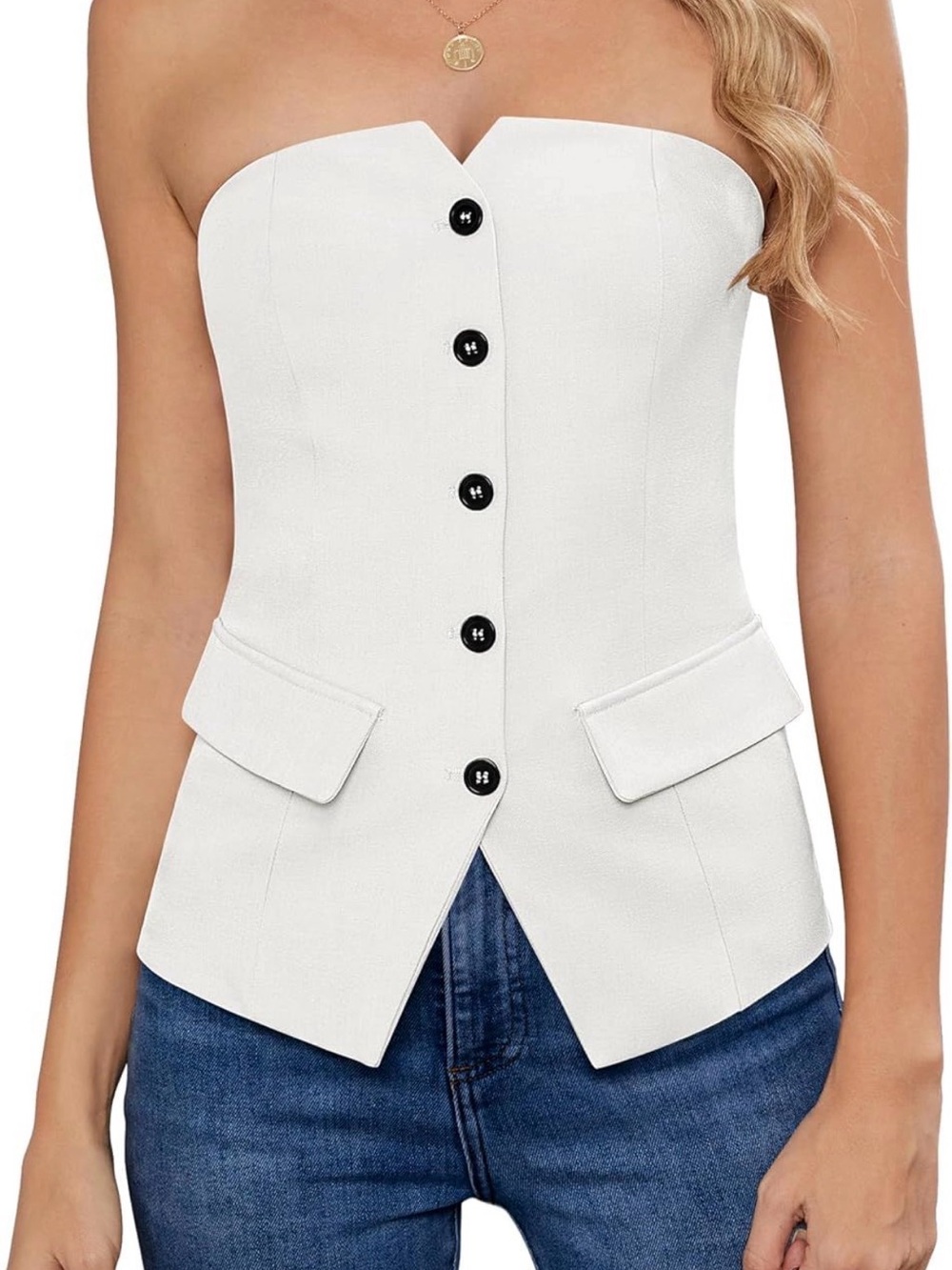 Strapless Button-Front White Corset Top